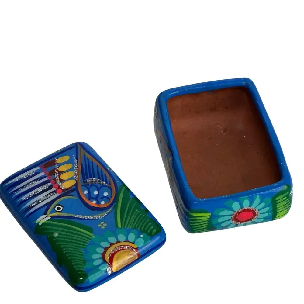 Hand Painted MEXICAN FOLK ART Blue Bird Terra Cotta Trinket Box